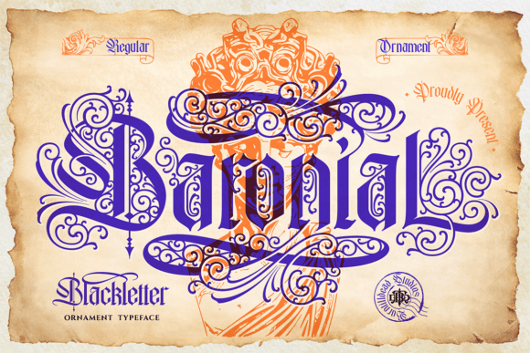 Preview specimen of Baronial blackletter font