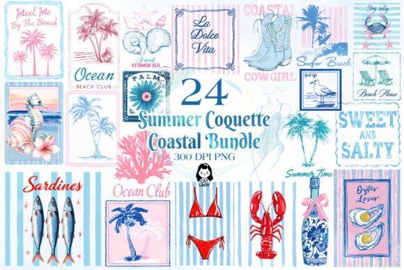coquette coastal summer clipart bundle with soft beach aesthetic, feminine seaside png elements