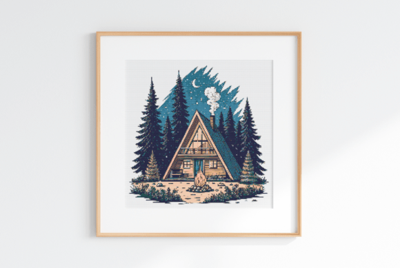 Night Forest Cabin Cross Stitch