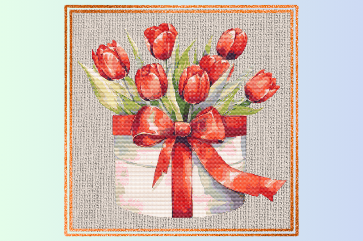 Red Tulip Gift Box Cross Stitch
