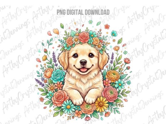 Cute puppy dog with floral crown PNG clipart for first birthday tumbler