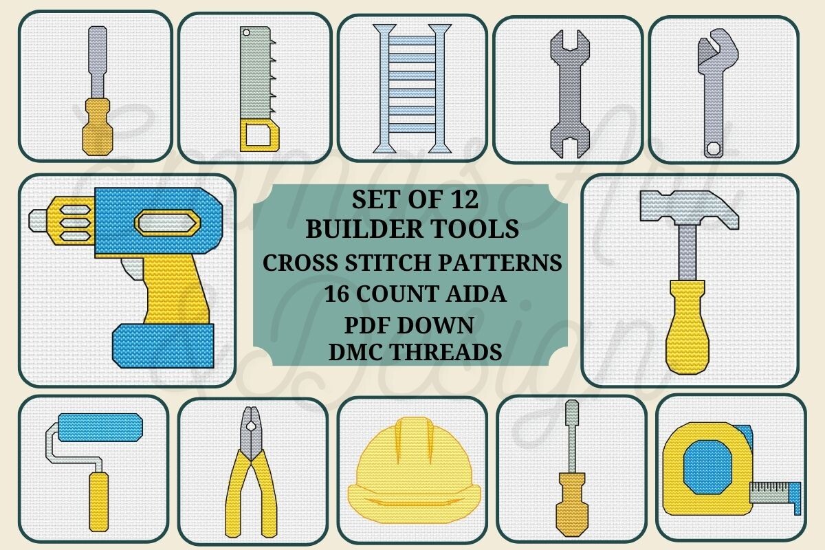 12 Builder Tools Cross Stitch Pattern