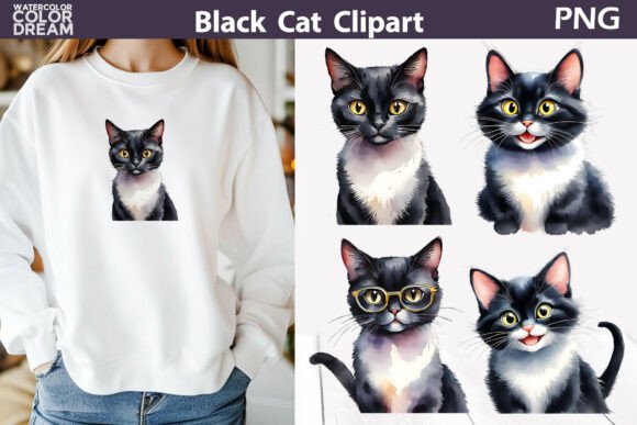 Black Cat Watercolor Kitten Clipart for sublimation and cat lover gifts