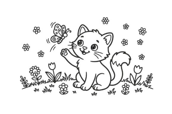 Cute Cat and Butterfly Embroidery Design