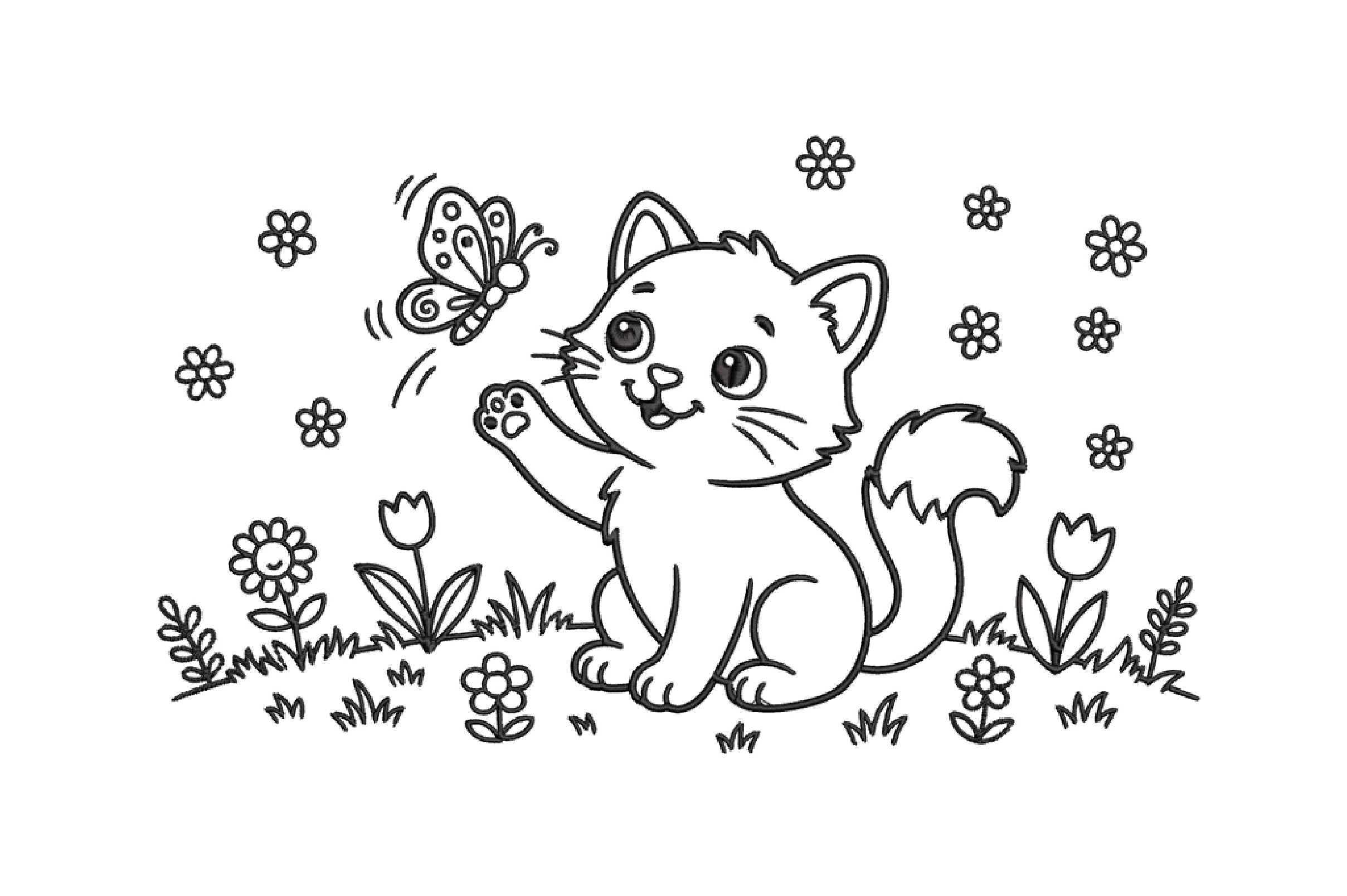 Cute Cat and Butterfly Embroidery Design