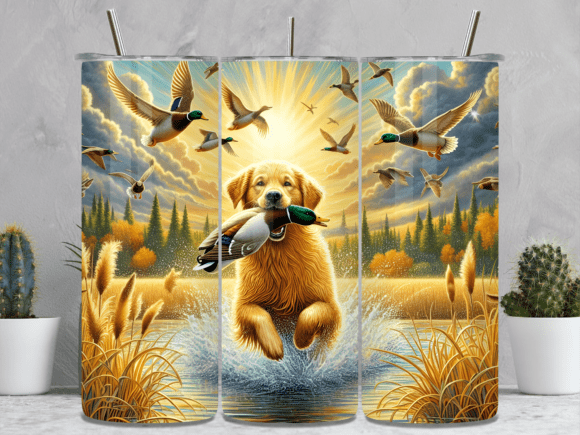 Golden retriever water splash tumbler wrap PNG for sublimation crafters