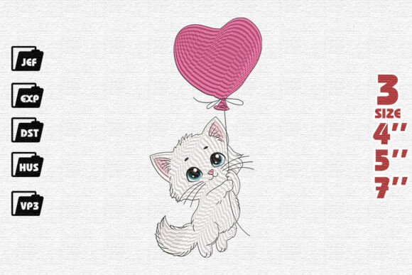 Cute Kitten with Heart Balloon Embroider