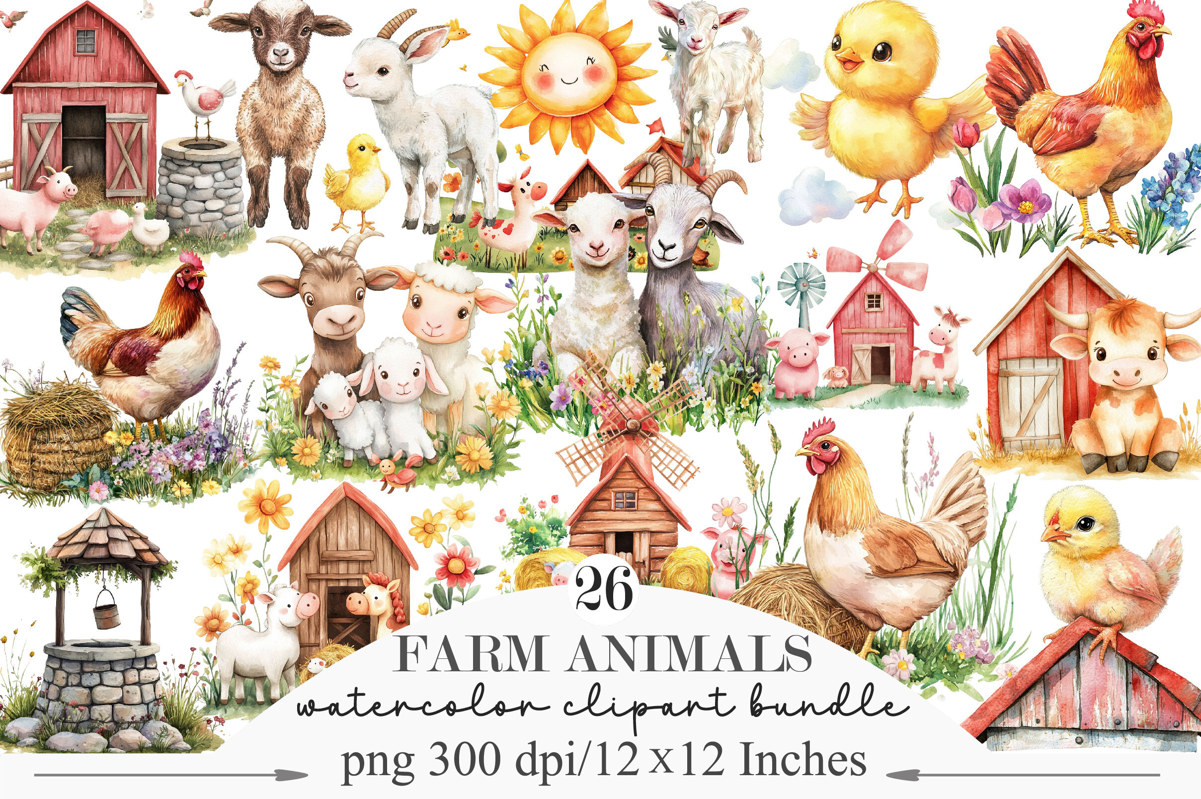 Watercolor Farm Animals Clipart Set Graphic by designking · Creative ...