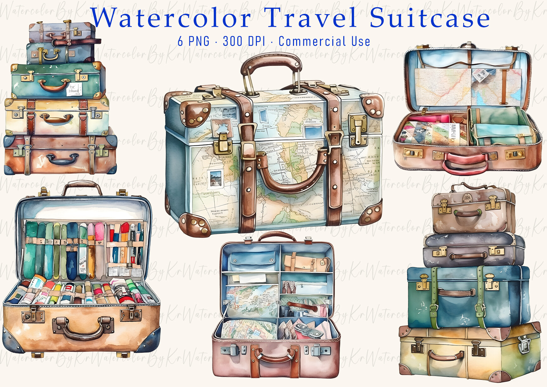 Watercolor Travel Bag Clipart Bundle PNG