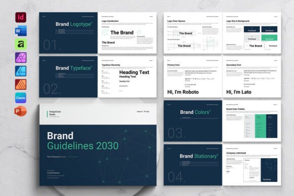 Landscape brand guidelines template with 24 customizable pages