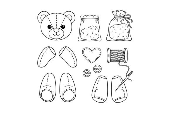 Cute Sewing Kit Items and Teddy Bear Fla