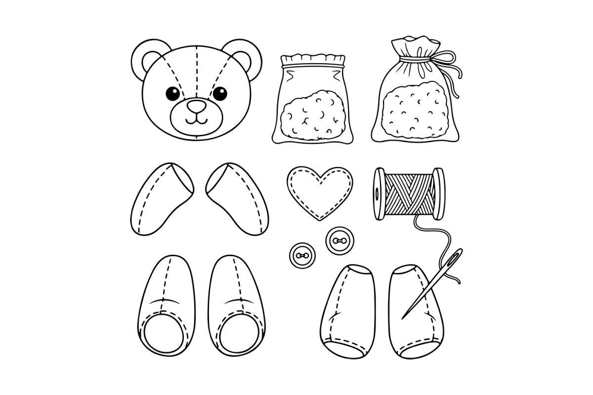 Cute Sewing Kit Items and Teddy Bear Fla