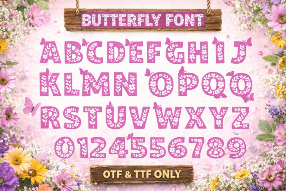Floral Butterflies Font PNG with transparent background - Preview 1
