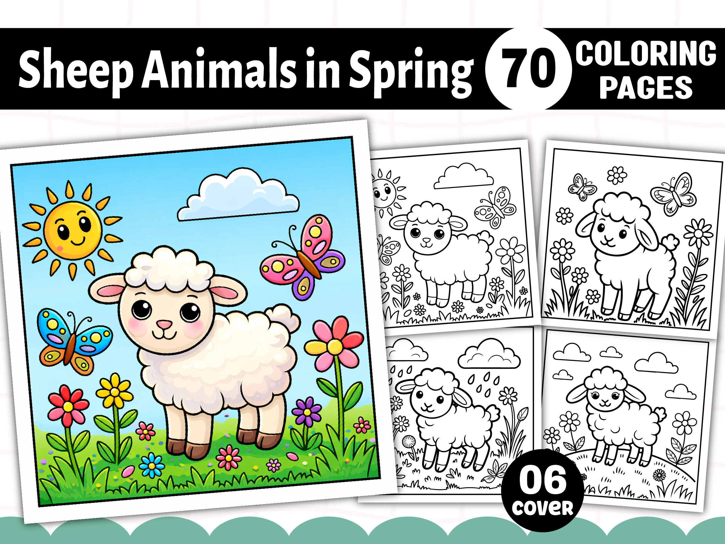 Sheep Animals in Spring Coloring Book
