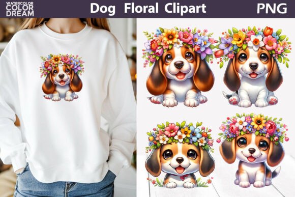beagle basset floral puppy clipart PNG for sublimation mugs and tumbler wraps
