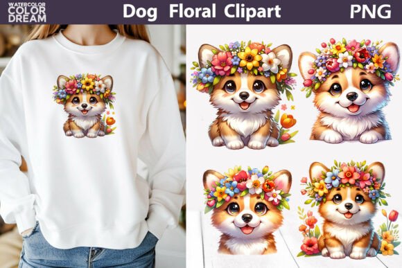 Corgi puppy floral clipart PNG for Cricut sublimation shirt mug and tumbler spring designs