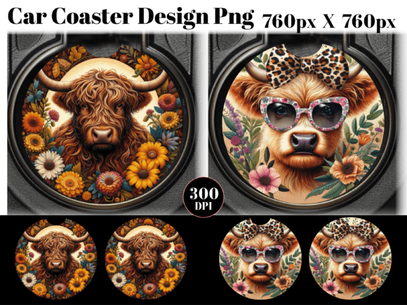Highland Cow Car Coaster PNG Sublimation
