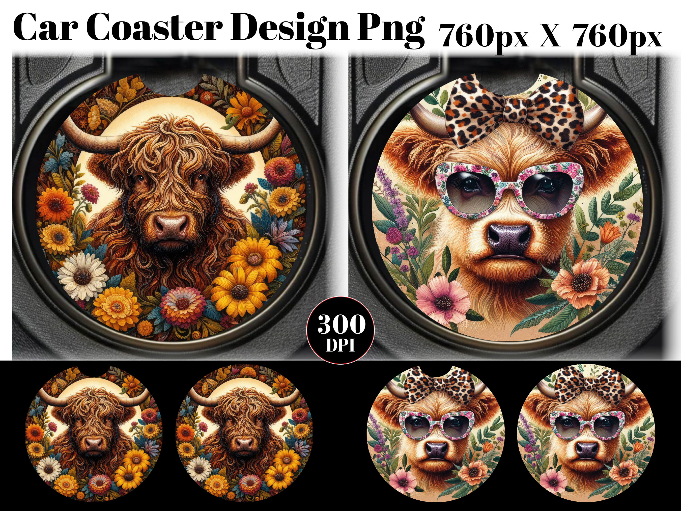 Highland Cow Car Coaster PNG Sublimation