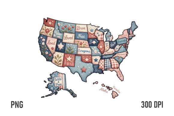 Retro Floral USA Map 4th July PNG