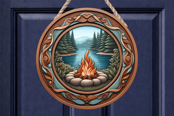 Campfire Lake Scene Wood Round Door Sign