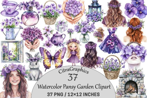 Watercolor Pansy Garden Clipart. Graphic Illustrations By CitraGraphics