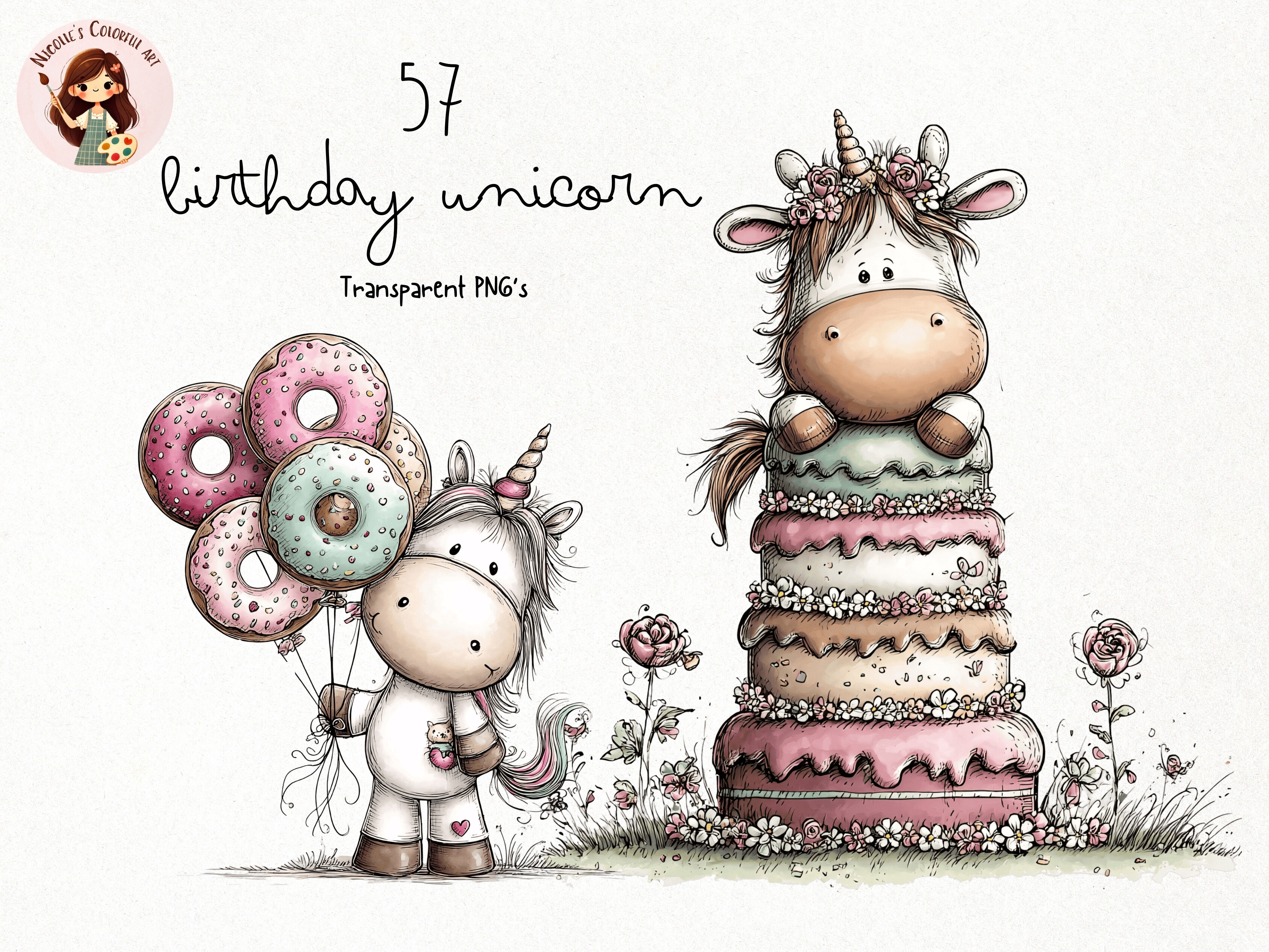 Whimsical Birthday Unicorn PNG Clipart Graphic by Nicolle's Colorful ...