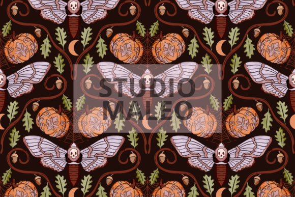 Gothic Skull Moth Autumn Pumpkin Pattern Afbeelding AI Gegenereerd Door studiomaleo.illustration