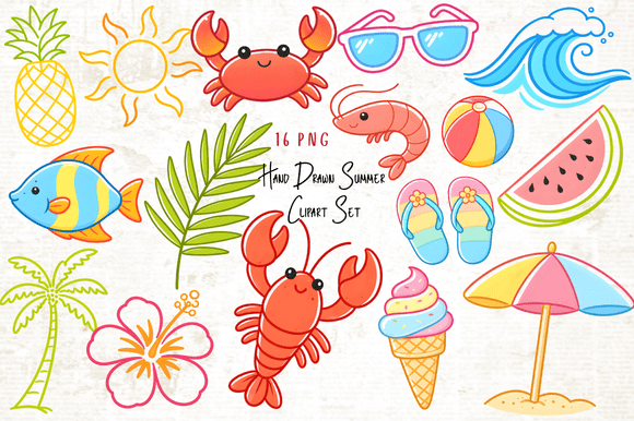 hand drawn summer clipart png set with artistic sketches, creative seasonal illustrations for design