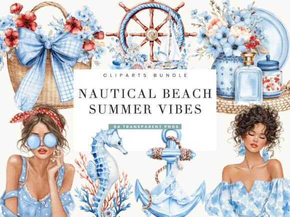 nautical beach summer clipart with anchors and marine elements, classic seaside design graphics