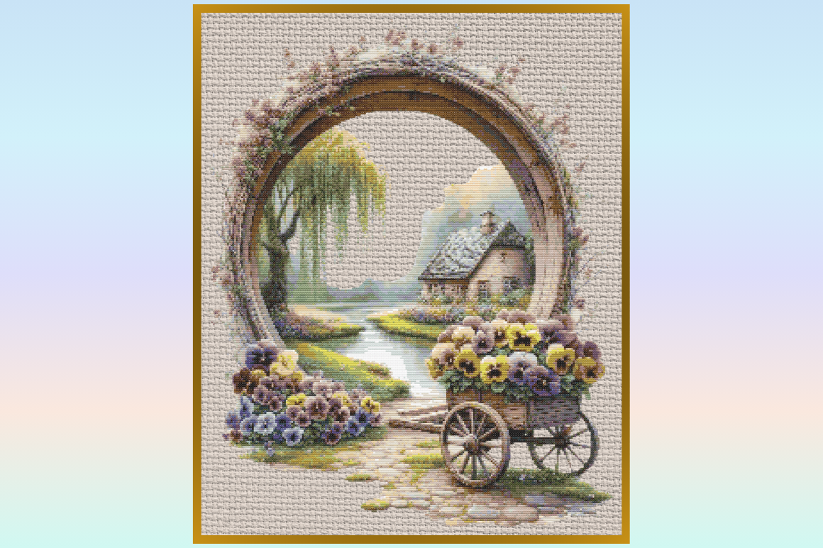 Spring Cottage Floral Wreath Cross Stitc