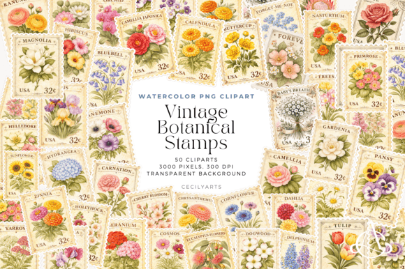 Vintage Botanical Stamps Cliparts Gráfico Gráficos IA Por Cecily Arts