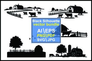 Silhouettes farm scenes with barns cows