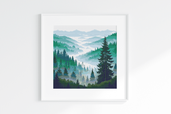 Misty Pine Forest Cross Stitch