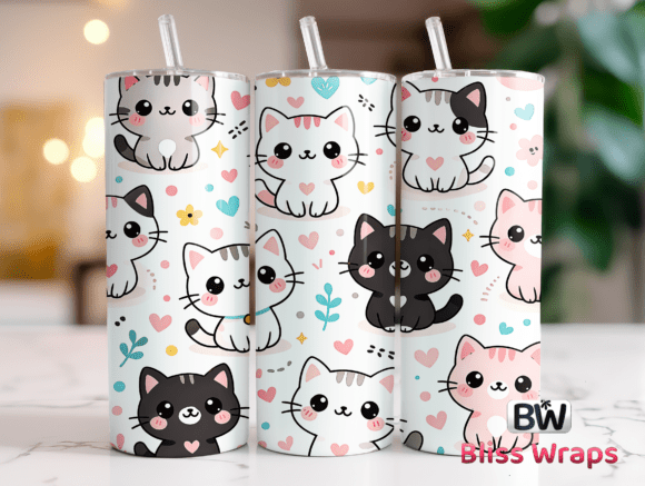 Cute Kawaii Cat Face Tumbler Wrap PNG