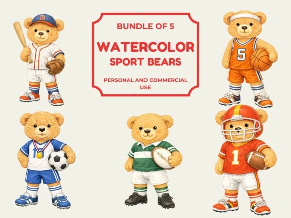 Watercolor Sports Teddy Bear PNG Bundle