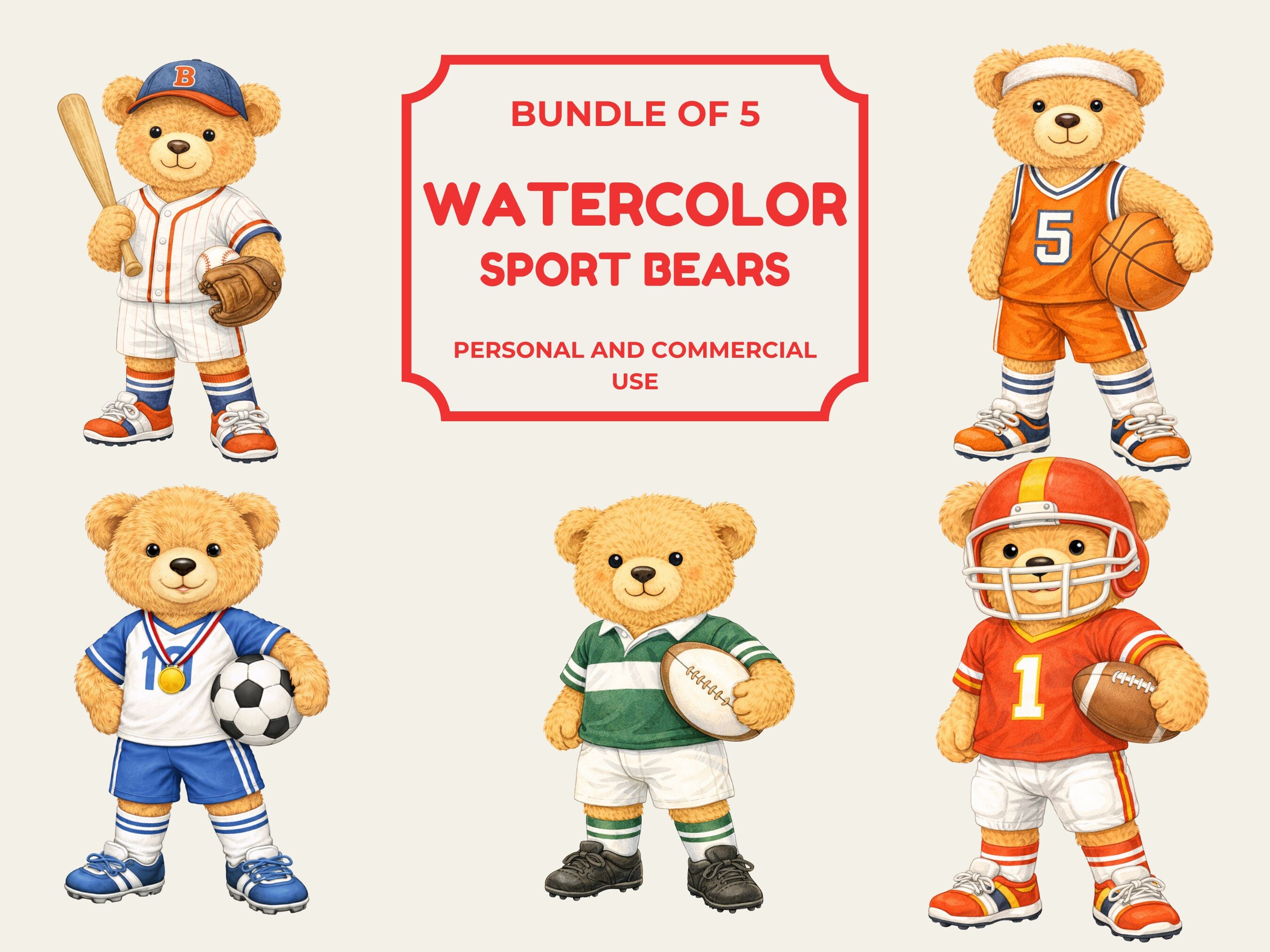 Watercolor Sports Teddy Bear PNG Bundle
