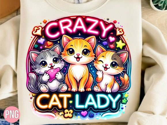 Crazy Cat Lady Neon Retro Kittens PNG for sublimation on tumblers and dark tees