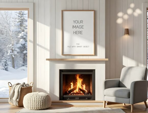 Oak Frame Mockup Winter Fireplace Decor Graphics
