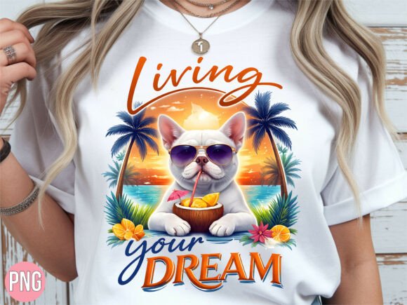 French Bulldog summer beach dream PNG with blue brindle coat for summer tumblers