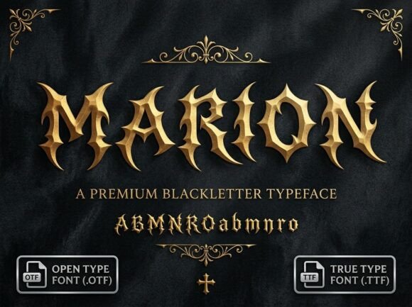 Preview specimen of Marion blackletter font