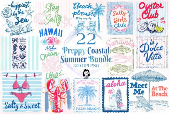 preppy coastal summer clipart bundle with clean beach aesthetic, stylish seaside png graphics