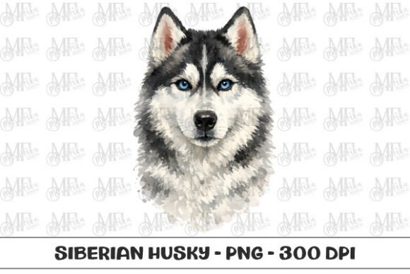 Siberian Husky Watercolor Portrait PNG second style for sublimation wall art and mugs