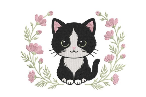 Cute Floral Cat Embroidery Design