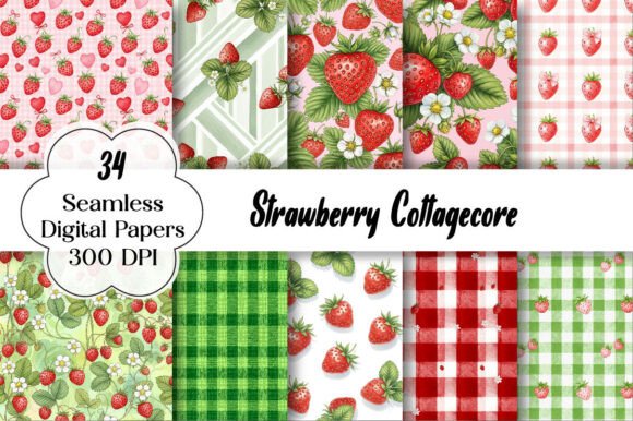 Strawberry Cottagecore Digital Paper Graphic Patterns By Bundle