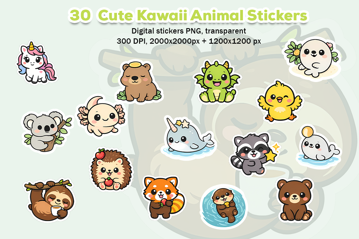 30 Cute Kawaii Animals Stickers