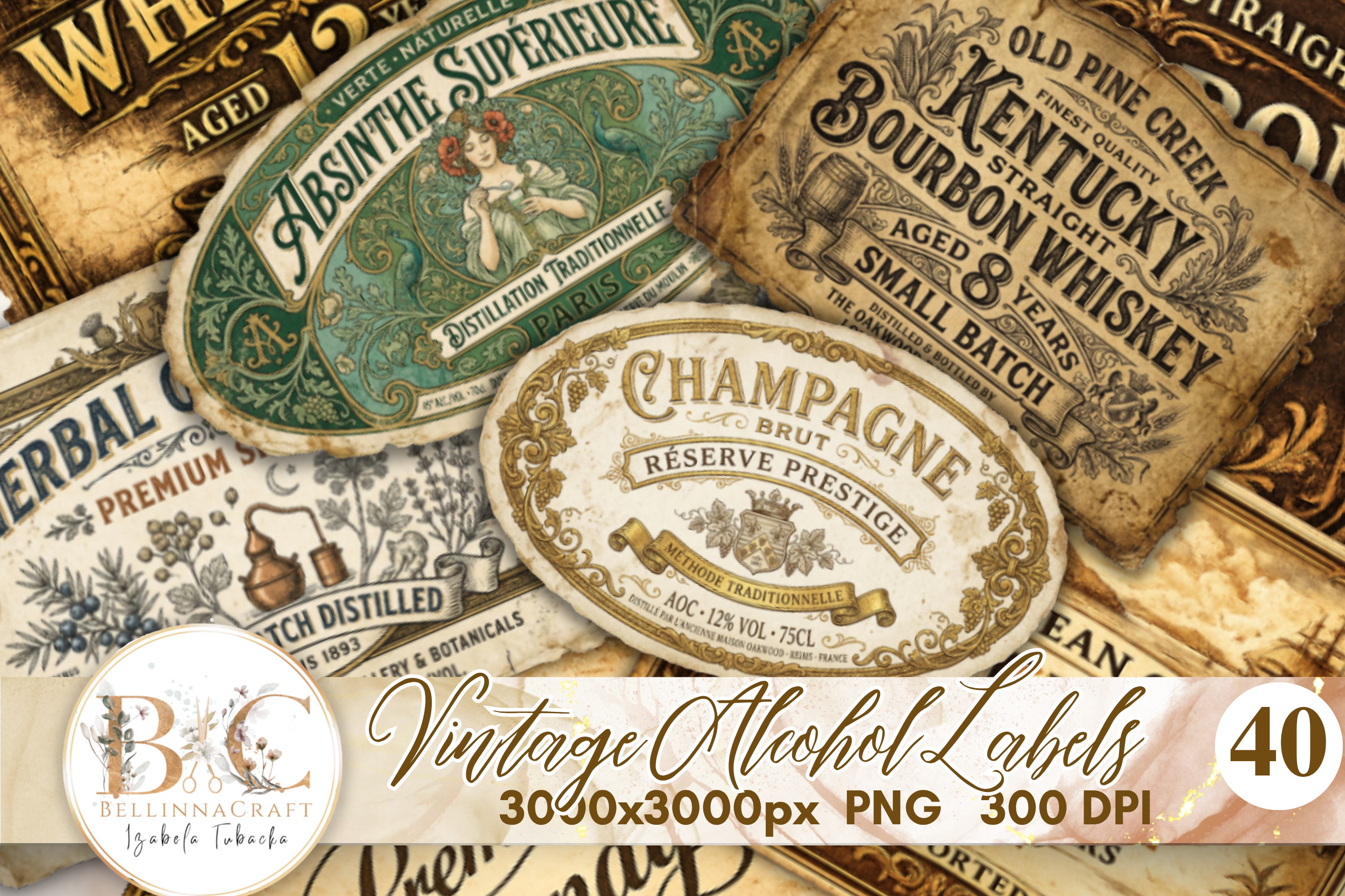 Vintage Alcohol Labels Clipart Bundle Graphic by BellinnaCraft ...