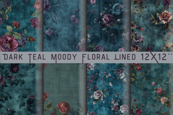Dark Teal Moody Floral Lined Paper