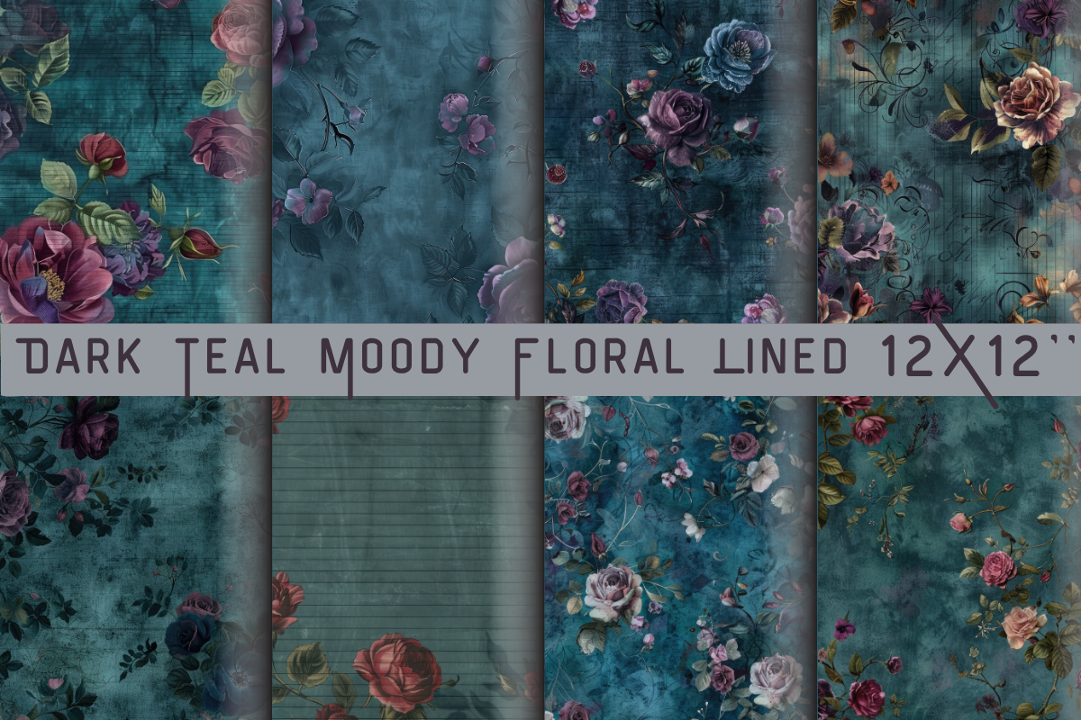 Dark Teal Moody Floral Lined Paper