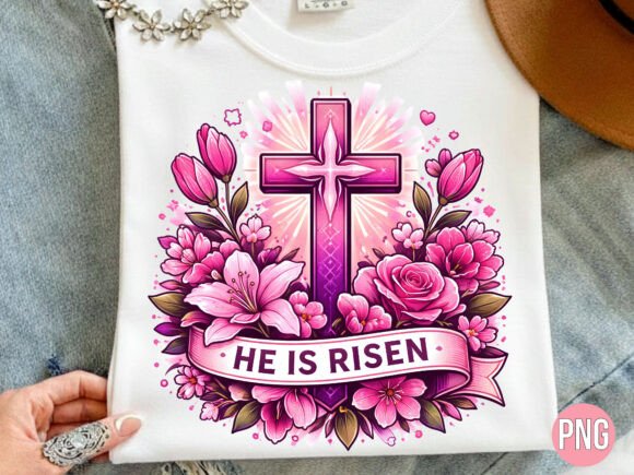 He is Risen Pink Floral Cross PNG