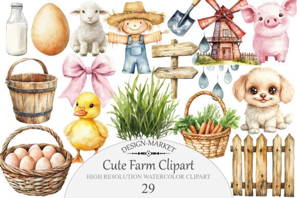 Watercolor Cute Farm Clipart Graphic by Design Market · Creative Fabrica